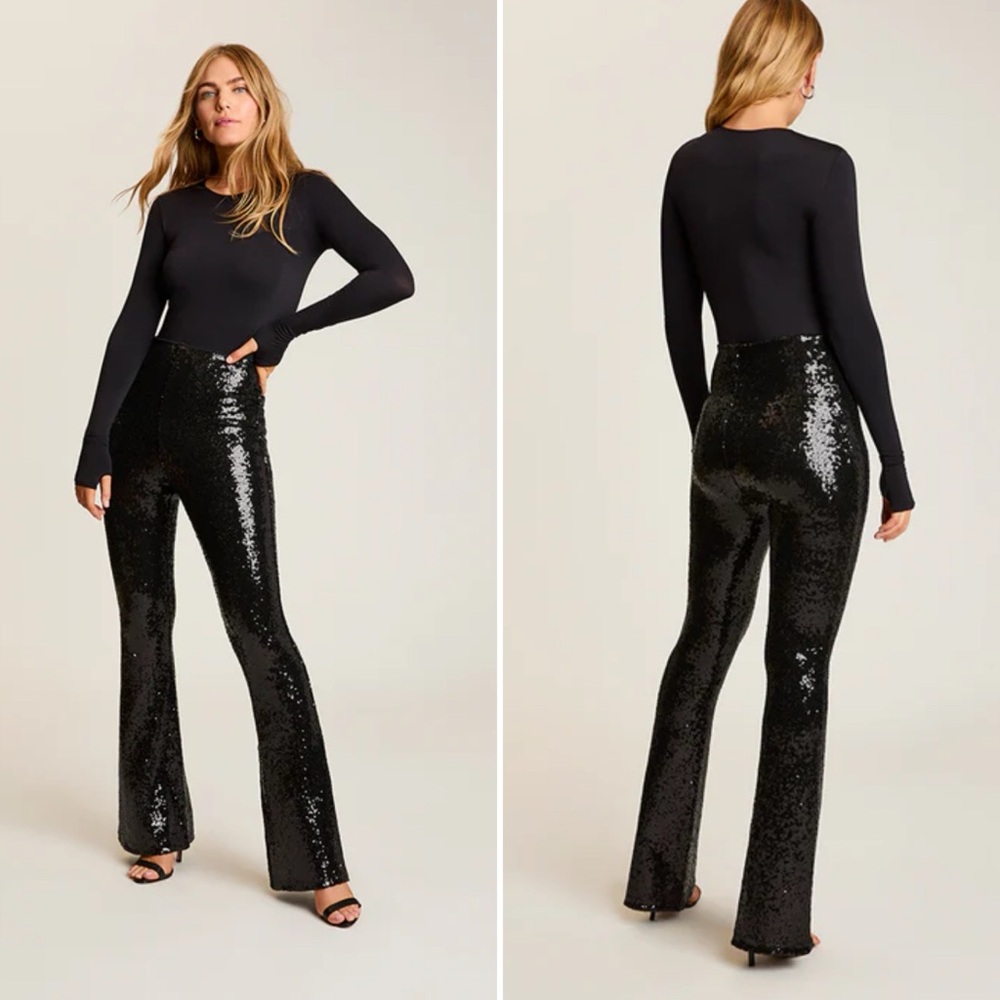 Anthropologie Black Sequin Flare Pants 0 - Picture 3 of 9